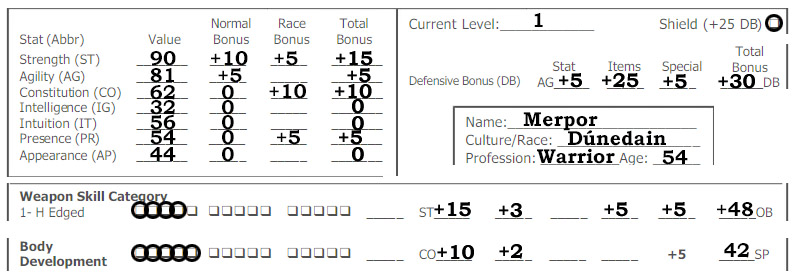 A MERP character sheet showing our character and all bonuses leading to his offensive and defensive bonus