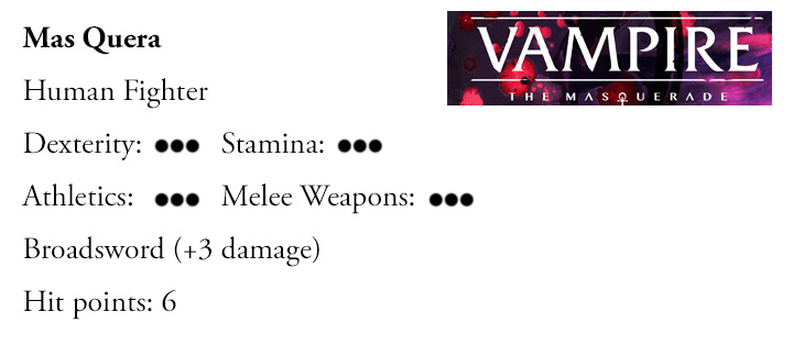 A simplified character sheet for our character of choice. Dexterity: 3, Stamina: 3, Athletics: 3, Melee Weapons: 3, Broadsword +3 damage, Hitpoints: 6